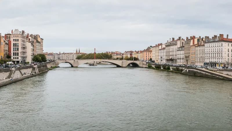 Saône mit Brücke und Häuserfronten in Lyon